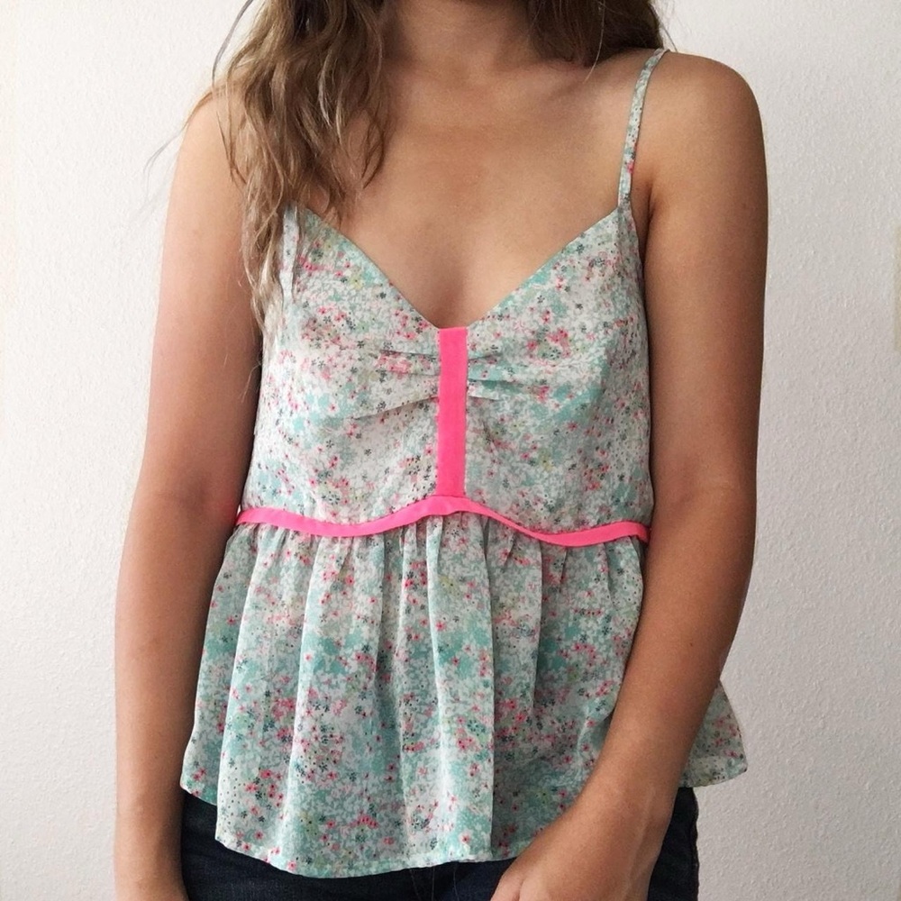 Forever 21 Mint with Neon Pink Floral Tank Top